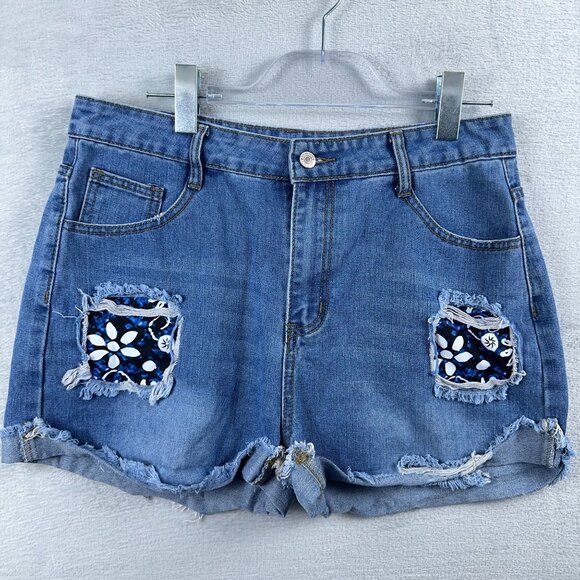 Unbranded Distressed Daisy Dukes Shorts Floral Print Raw Trim Denim Women Size L - Picture 1 of 10